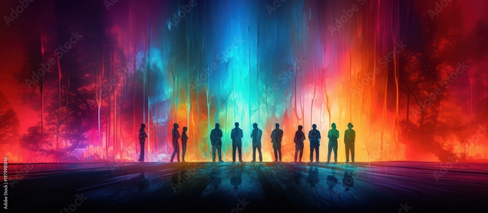 Fototapeta premium Standing together at the edge of a brilliant and infinite neon horizon.
