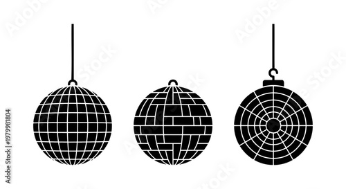 Retro disco ball icons set, black mirror ball silhouettes for party and dance club decor, 3 vector elements for nightlife event design