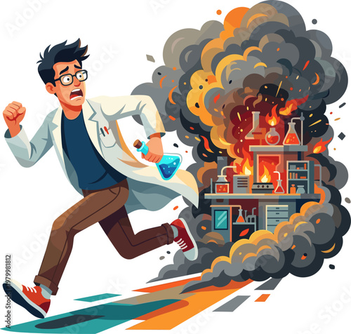 Scared male laboratory worker fleeing from accidental chemical fire explosion