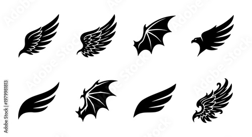 Black wing silhouettes set, 8 eagle and bat wing vector elements, heraldic bird and dragon wing icons for logo design and tattoo art