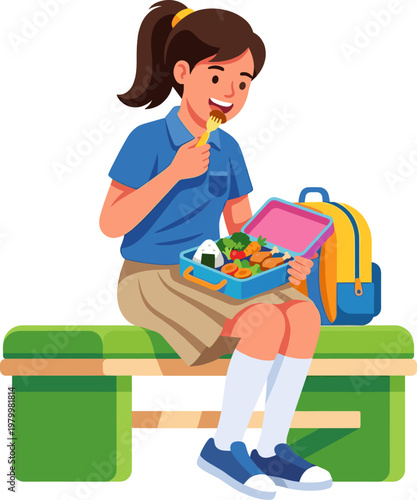 Schoolgirl eating healthy meal from lunchbox on bench