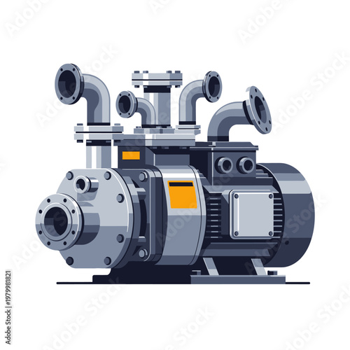 Industrial Water Pump with Electric Motor and Piping System, Mechanical Equipment Illustration