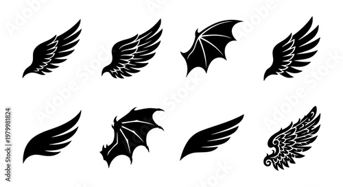 Black wing silhouettes collection, set of 8 vector icons featuring bird and bat wings, gothic and heraldic wing elements for logo design