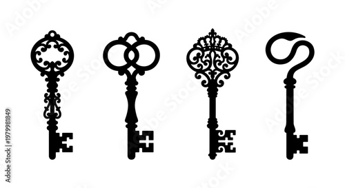Vintage skeleton keys set, ornate antique key silhouettes, collection of 4 decorative black metal key vectors for mystery and security concepts