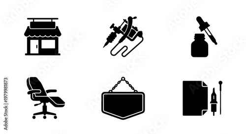 Tattoo studio icon set with professional equipment, black solid vector symbols of tattoo machine, ink bottle, parlor storefront and artist chair