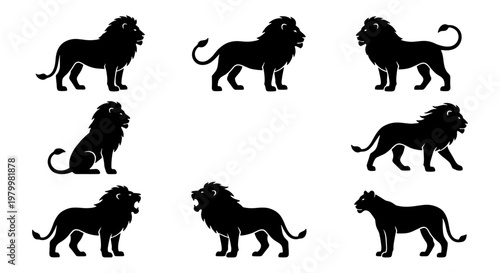 Majestic lion silhouette collection, set of 8 black animal icons. African wildlife predator vector graphics, standing and roaring lions for logo design