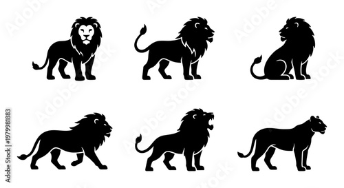 Lion silhouette vector set, 6 black wild cat icons, majestic male lion and lioness illustrations, predatory animal logo elements for branding