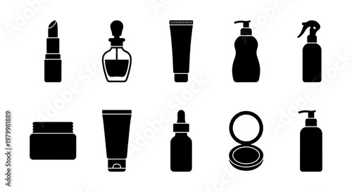 Cosmetic product silhouette icons set, 10 black beauty packaging vector elements, skincare and makeup bottle flat signs for salon branding