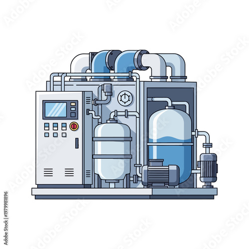Industrial Water Treatment System Machine with Pipes and Control Panel