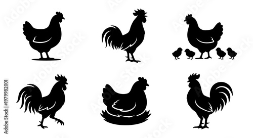 Black chicken silhouette set, rooster and hen vector icons, farm bird collection with chicks and nesting hen, poultry livestock graphics