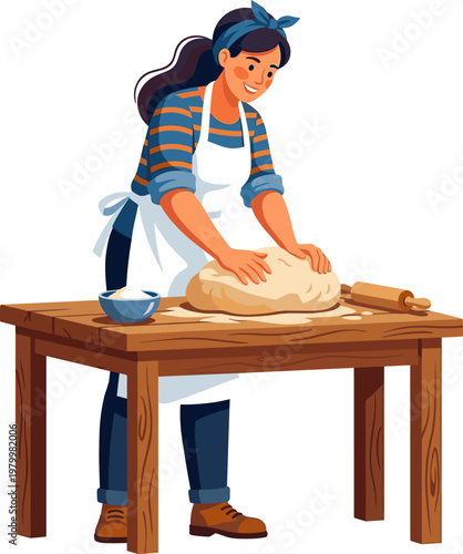 Skilled female baker kneading raw dough on rustic wooden table