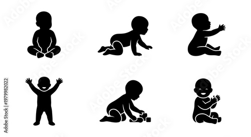 Baby silhouette icons set, infant developmental milestones vector collection, newborn baby crawling and sitting poses, 6 black toddler figures