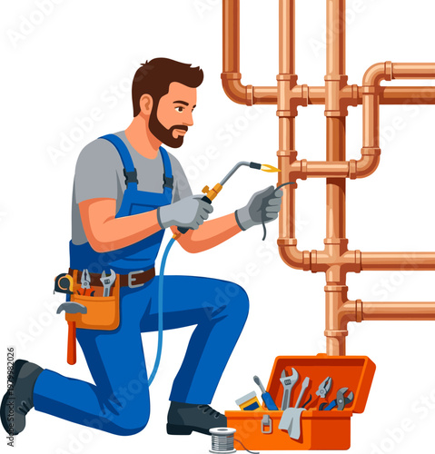 Skilled plumber soldering copper pipe connections with a blowtorch
