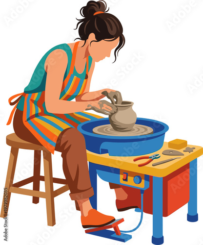 Skilled potter shaping clay vase on electric pottery wheel