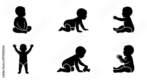 Baby silhouette vector set, infant development stages in black icons, 6 toddler poses including crawling and sitting, newborn growth milestones