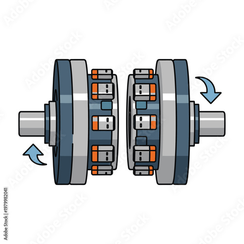 Mechanical Clutch System Illustration: Gears, Shafts, and Rotation Arrows
