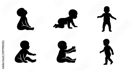 Baby silhouette vector set, infant developmental milestones icons, black toddler shapes crawling and walking, 6 newborn growth stage elements