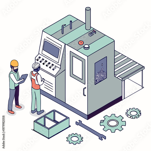 Factory machine operation with workers and components line art supply chain industrial manufacturing engineers operation supervision production technology machinery equipment automation