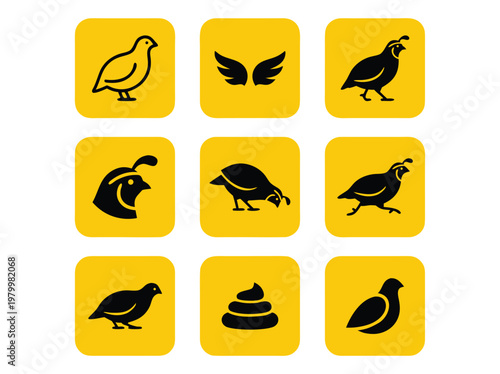 Set of minimalist quail bird icons and symbols.