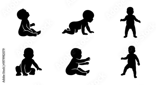 Baby silhouette vector set, 6 infant development stages icons, crawling and sitting toddler silhouettes, black newborn figures on white background