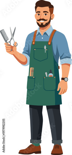 Smiling hair cutter standing with shears and styling comb