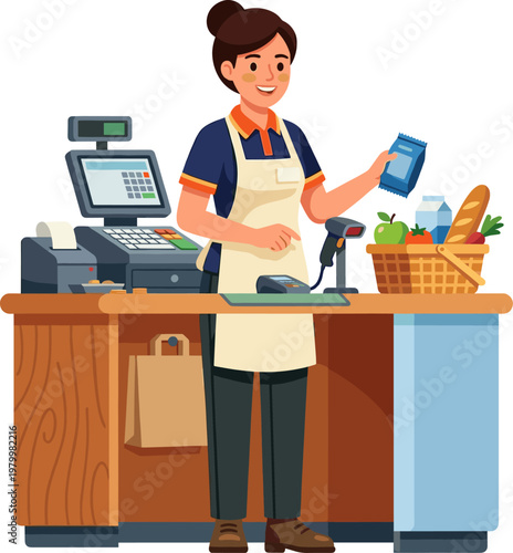Smiling female cashier scanning grocery items from basket at store counter