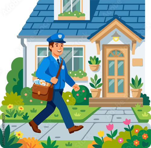 Postman walking to residential house for mail delivery in green neighborhood