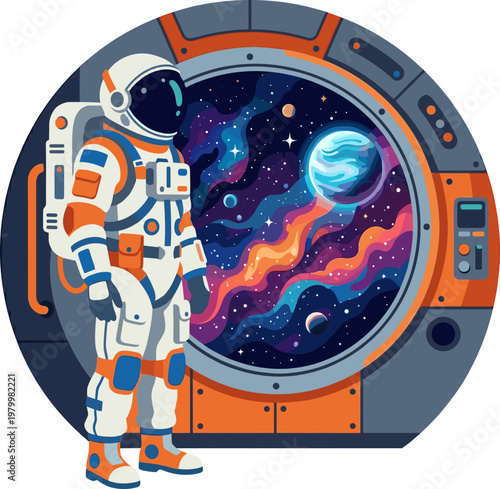 Spaceship passenger looking at a colorful galaxy through a porthole