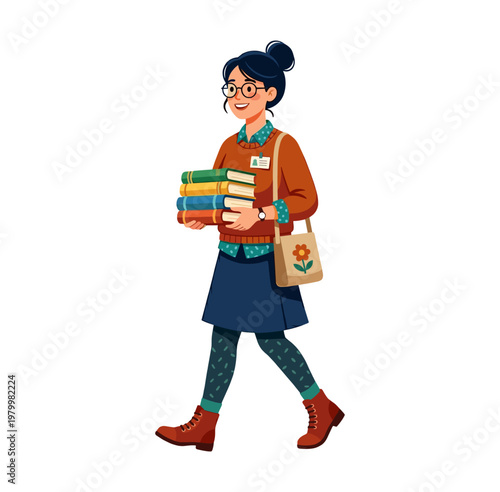 Smiling young librarian walking while carrying a heavy stack of colorful books