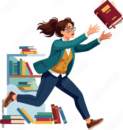 Stressed female librarian running to catch a flying book falling from a shelf