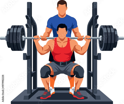 Strong bodybuilder performing heavy barbell squats with professional spotter assistance