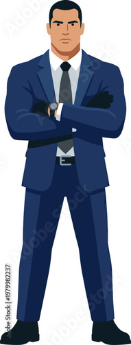 Strong security guard in a dark suit standing with arms crossed