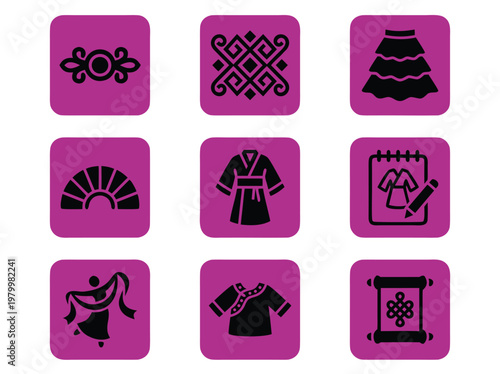 Set of Nine Traditional Chinese Cultural Icon Symbols.