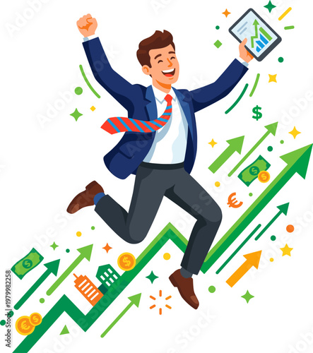 Successful businessman jumping with joy holding a tablet showing growth charts