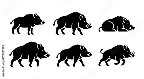 Wild boar silhouette collection, 6 black swine icons in various poses, forest hog vector set, minimalist animal graphics for hunting and nature branding
