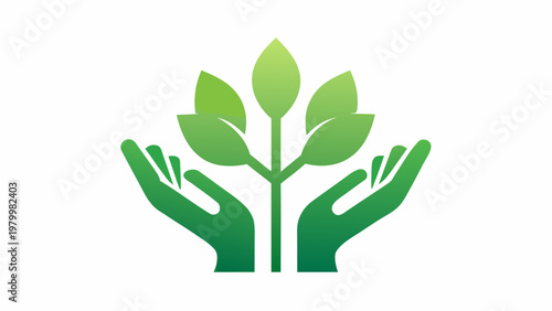 Hands cradling a stylized green plant symbolizing growth and sustainability