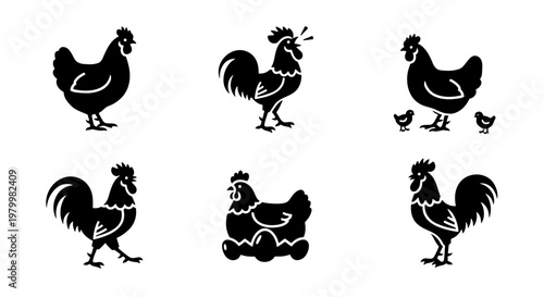 Rustic chicken silhouette set, black farm bird icons with rooster and hen, 6 poultry vector elements for organic food branding and farm logos