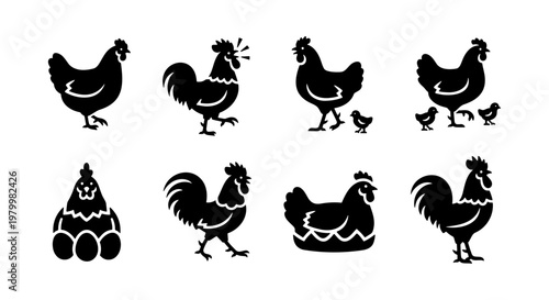 Rustic chicken silhouette icons, 8 black farm bird vector elements, rooster and hen poultry set with chicks and eggs for farm branding