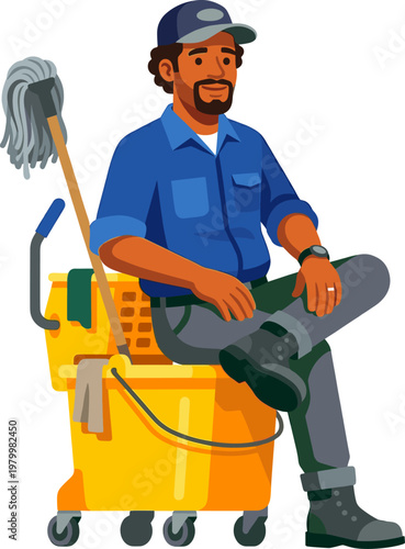 Tired male cleaner taking break sitting on yellow mop bucket