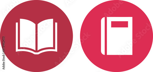 Two red circular icons showing an open book and a closed textbook for educational information systems