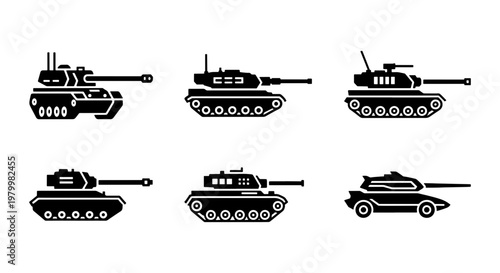 Military tank icons set, black silhouette armored vehicle collection, 6 vector war machine symbols, heavy artillery combat equipment for gaming