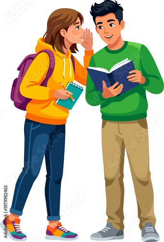 Two students sharing secret and whispering together