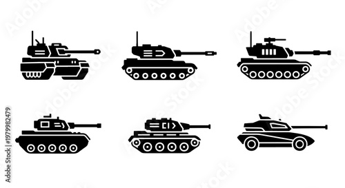 Military tank silhouettes set, 6 black armored vehicle icons, heavy artillery and war machine vector collection for gaming and history projects