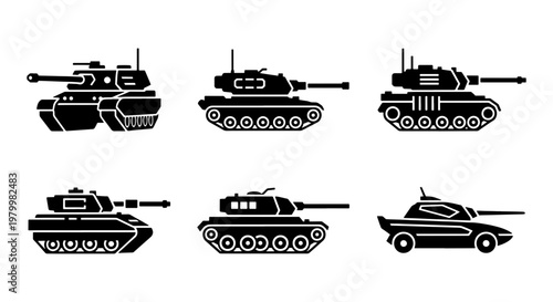Military tank silhouette icons set, collection of 6 armored vehicle vectors, black heavy artillery and combat war machine graphics for gaming and history