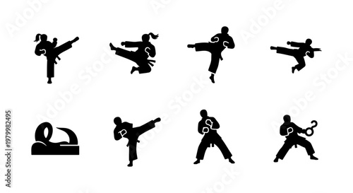 Martial arts silhouette icons set, karate and taekwondo fighter poses, 8 black vector elements of athletes kicking and punching