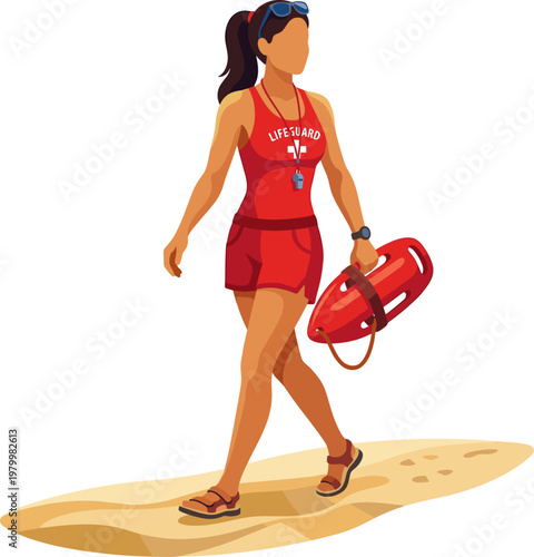 Woman lifeguard walking on beach shoreline carrying red rescue float