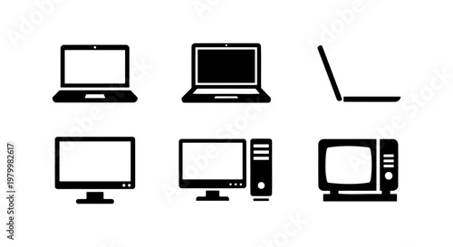 Minimalist computer and laptop icon set, black flat vector electronics collection, digital screen and desktop hardware symbols for web design