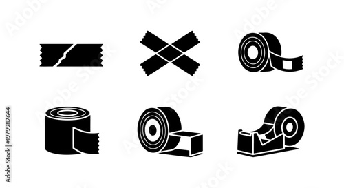 Adhesive tape icon set, black duct tape rolls and dispenser silhouettes, 6 packaging and office supply vector elements for logistics