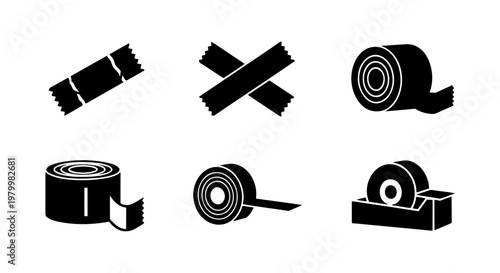 Adhesive tape icon set, black duct tape rolls and strips, 6 vector elements for packaging and office supplies, industrial sticky tape symbols