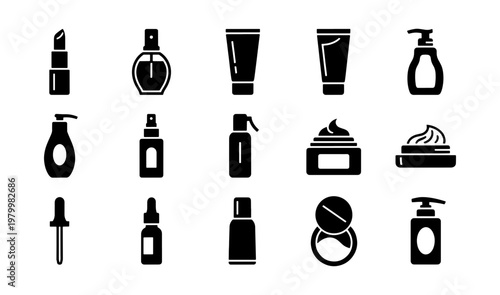 Cosmetic beauty product icons set, 15 black silhouette skincare and makeup symbols, professional grooming and hygiene vector elements for web design